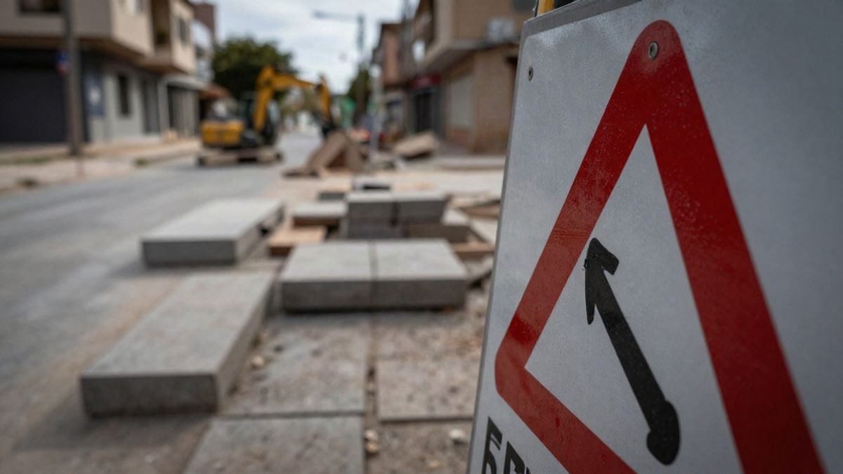 Illustrative image: construction sign on a street under renovation with machinery in the background