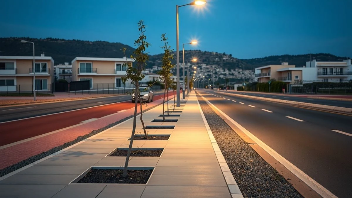 Imagen ilustrativa: acera nueva iluminada por farolas al atardecer, con árboles recién plantados y una carretera de dos carriles al fondo