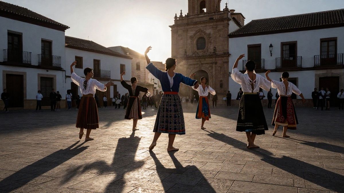 Imagen ilustrativa: siluetas de bailarines folclóricos al atardecer en una plaza andaluza