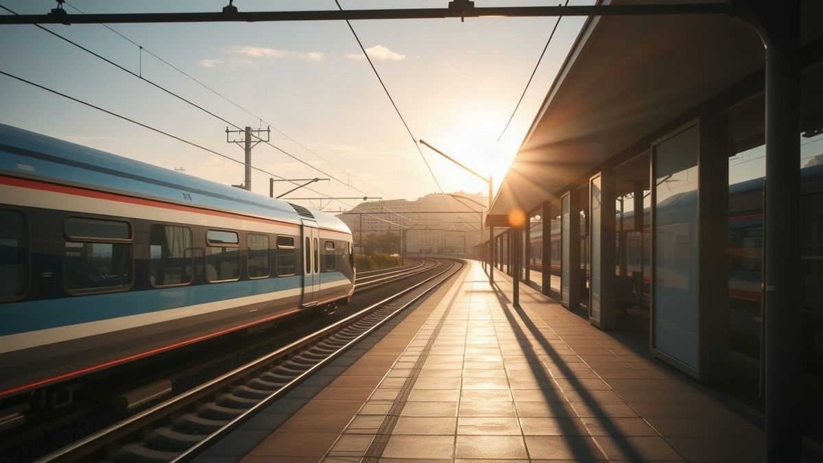Illustrative image: train station platform at sunset, with a modern train arriving and elongated shadows