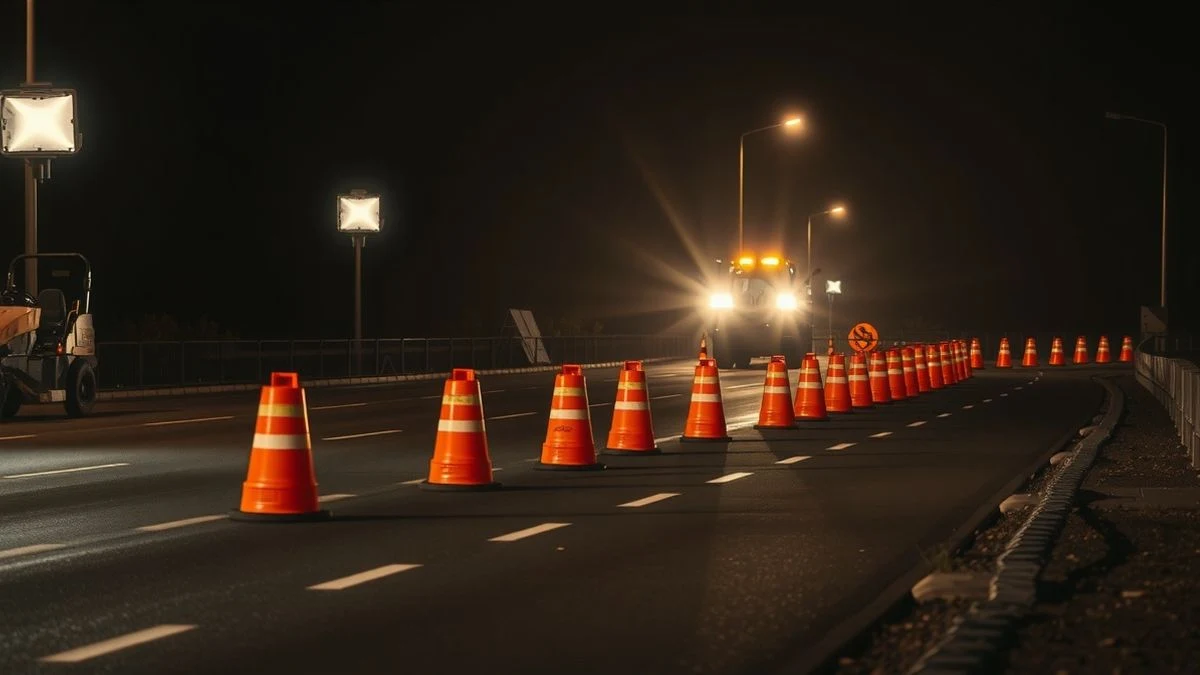 Vista nocturna de la autovía A-357 en obras, con conos y maquinaria de asfaltado iluminada por focos