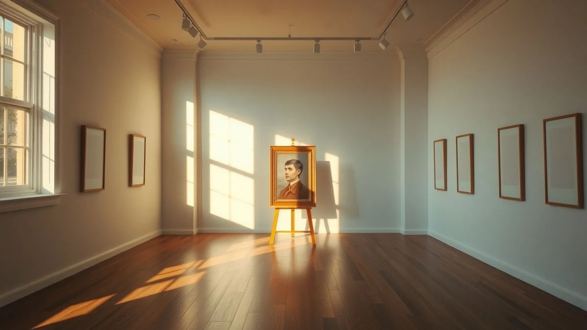 Sala de exposiciones vacía con un cuadro en un caballete y luz de atardecer entrando por una ventana