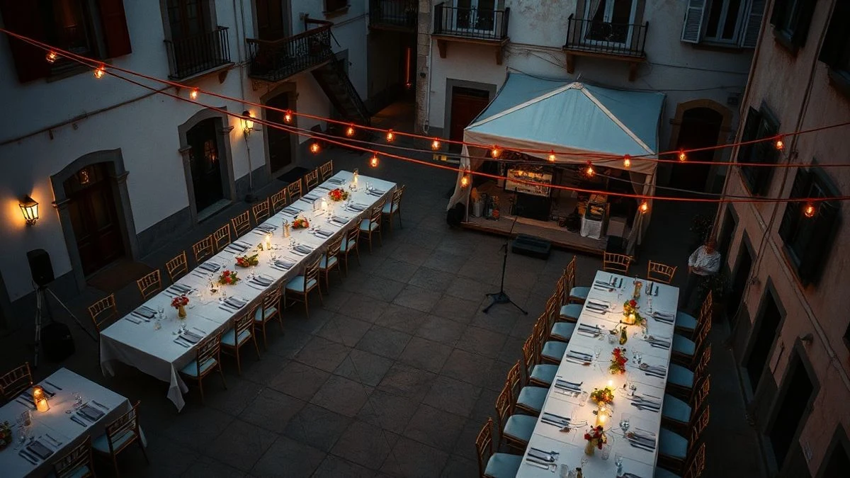 Illustrative image: aerial view of a long table with white tablecloths and lights in a Spanish square at sunset, with a stage in the background.