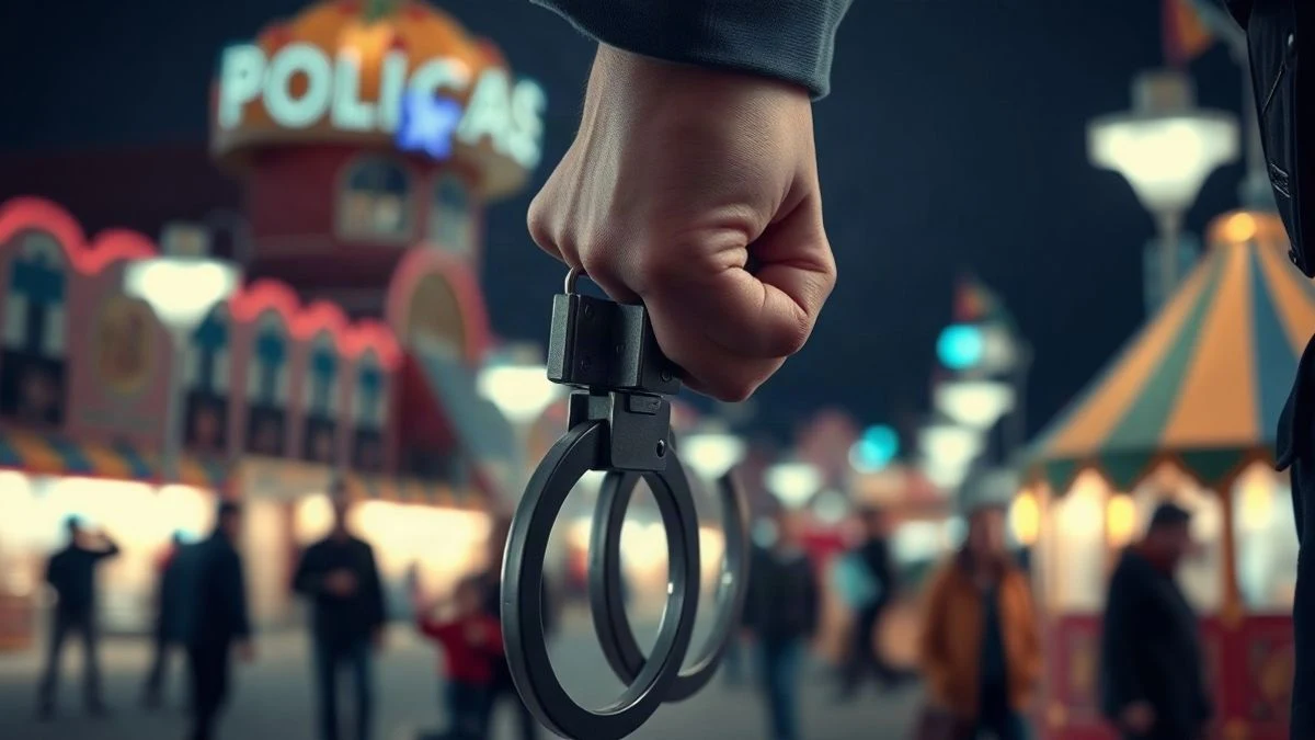 Illustrative image: hand of an officer with handcuffs in front of blurred fair lights