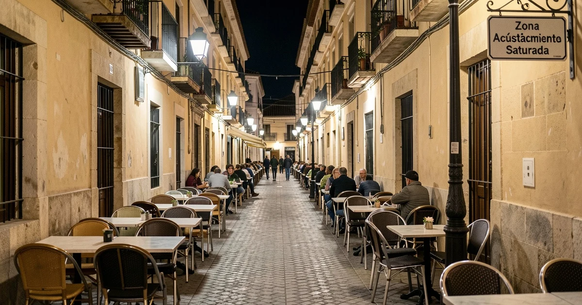 Calle del centro histórico de Málaga con terrazas y cartel de Zona Acústicamente Saturada