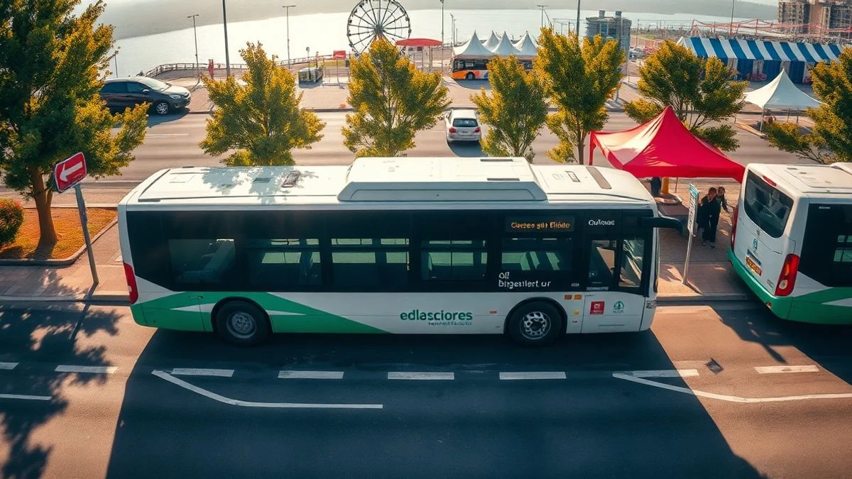 Imagen ilustrativa: vista cenital de un autobús urbano detenido en una parada en una tarde soleada de verano.