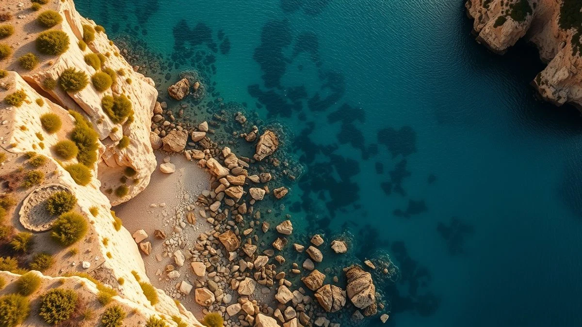 Aerial view of a small rocky cove with light sand and turquoise water in Nerja at sunset.