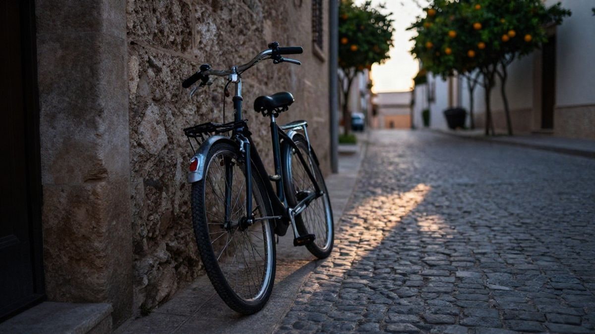 Imagen ilustrativa: bicicleta apoyada en una pared de piedra en una calle española al amanecer, con luz suave y profundidad de campo corta.