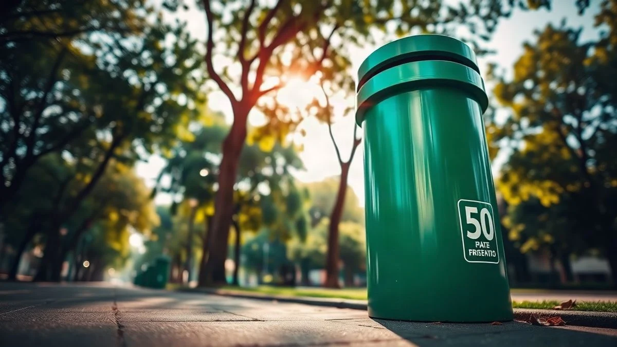 Imagen ilustrativa: papelera verde moderna en un parque con zona infantil al fondo
