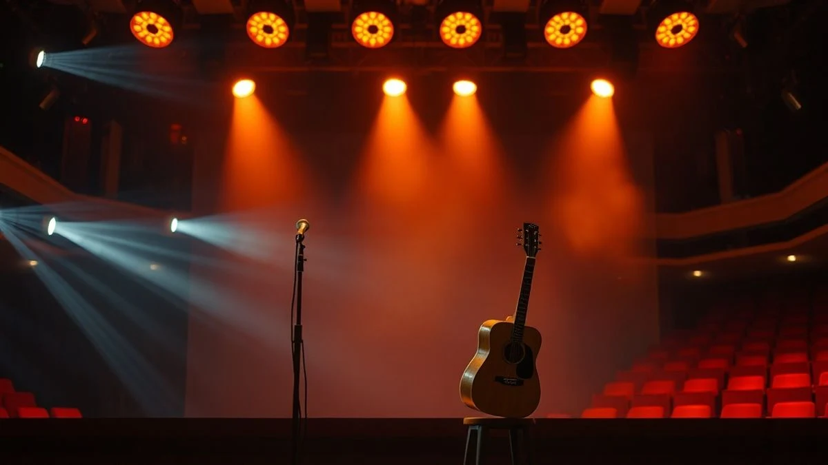 Imagen ilustrativa: un escenario teatral vacío con luces cálidas y una guitarra sobre un taburete.