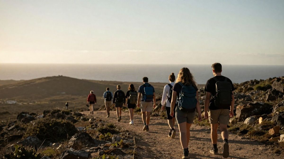 Illustrative image: young hikers walking along a mountain path by the sea at sunset