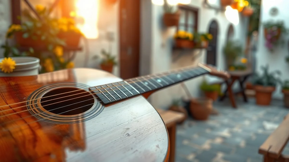Imagen ilustrativa: guitarra acústica vintage sobre una mesa de madera en un patio andaluz con macetas y luz cálida