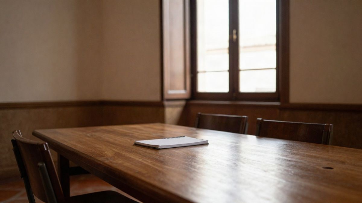 Illustrative image: an empty wooden table with two chairs and a closed notebook next to a tall window
