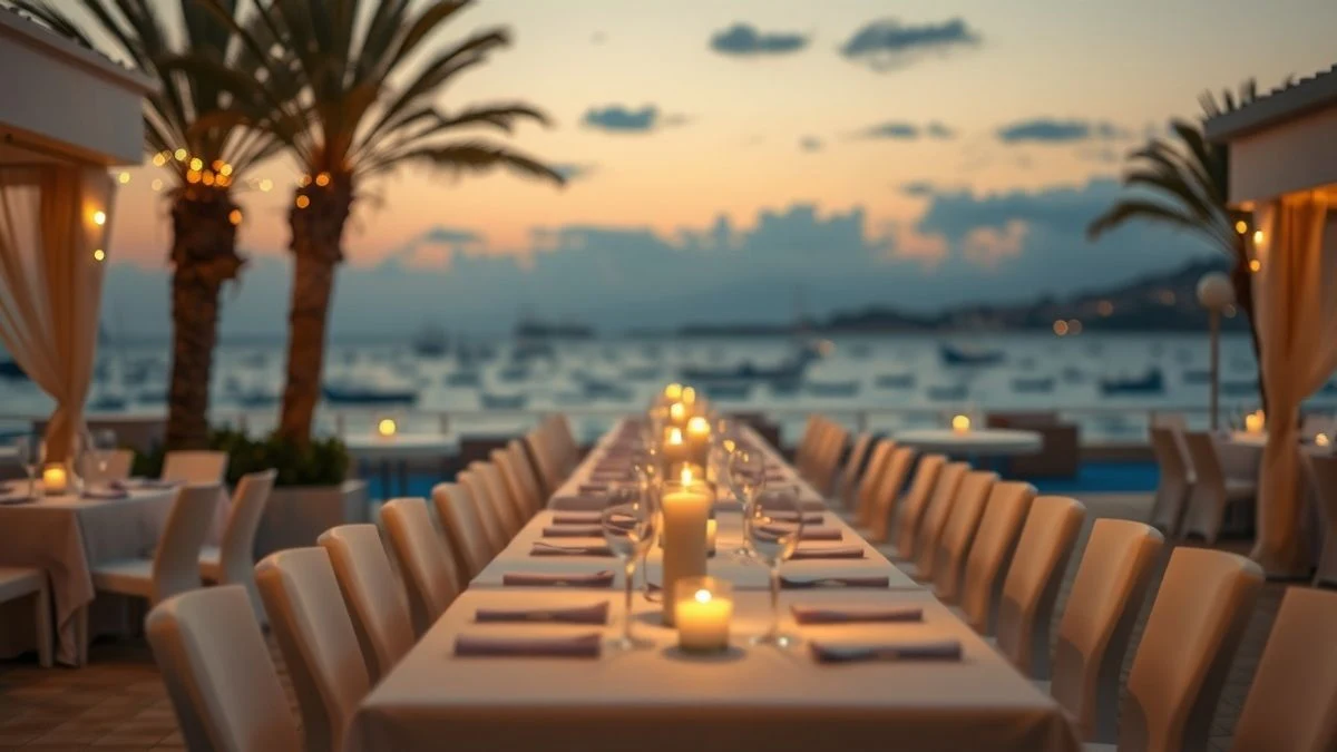 Atardecer en una terraza de un beach club de lujo con mesa de gala y vistas al mar Mediterráneo