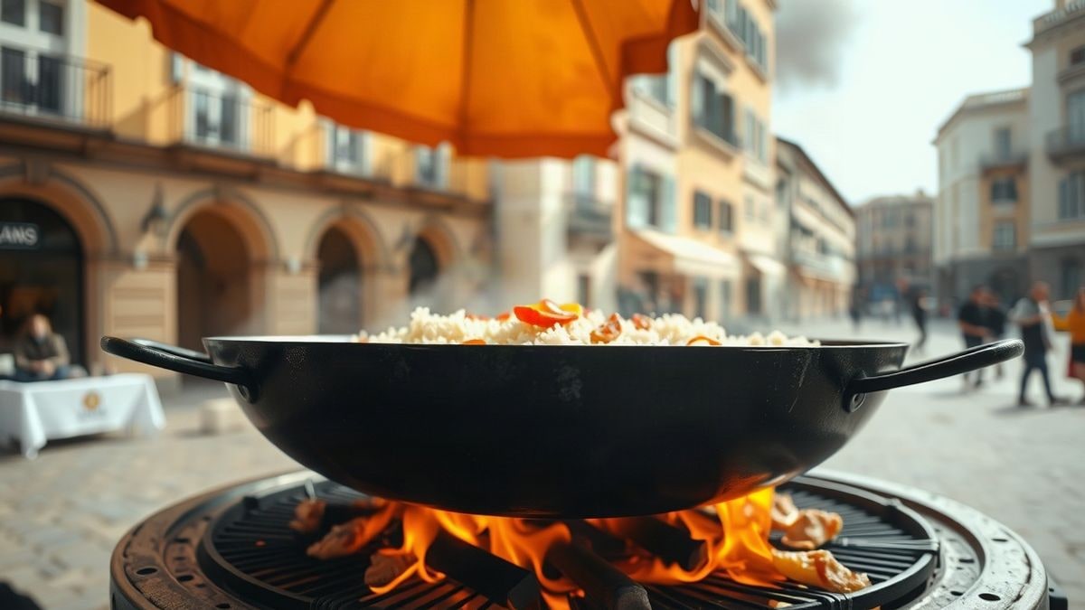 Imagen ilustrativa: una gran paellera sobre el fuego en una plaza soleada, con ingredientes y una cuchara de madera.