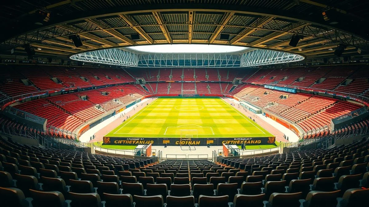 Illustrative image: football stadium tunnel leading to a pitch illuminated by floodlights.