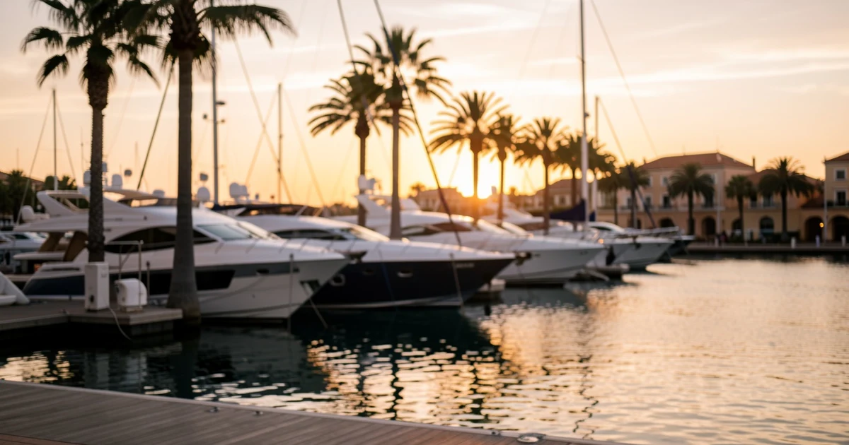 Atardecer en el puerto de Marbella con yates y palmeras