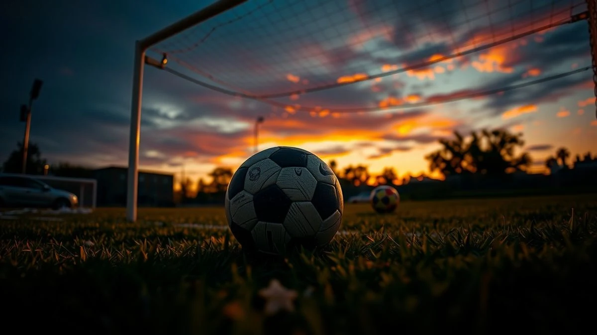 Illustrative image: a football next to the net of a goal at sunset