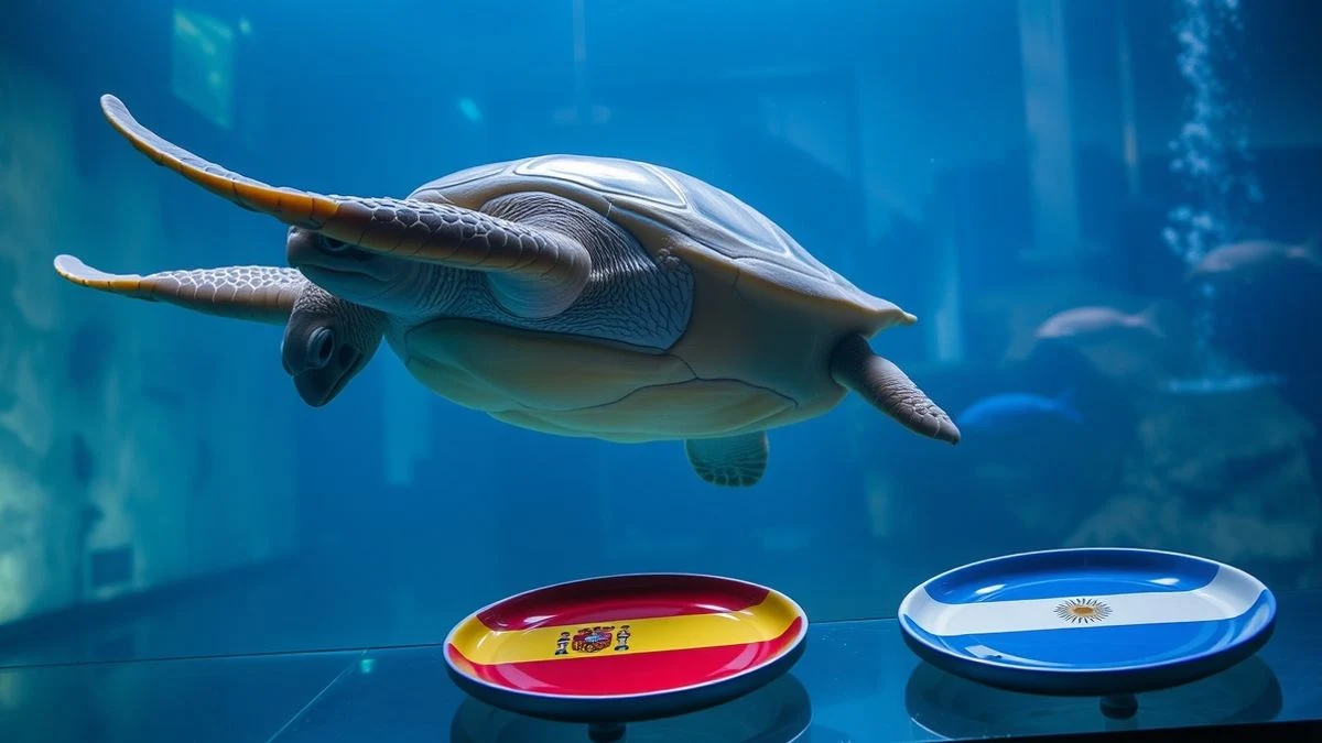 Green turtle swimming towards a plate with the Spanish flag in an aquarium