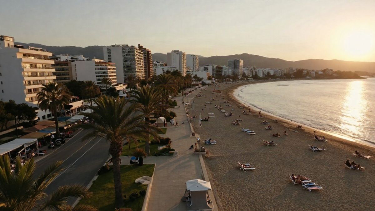Imagen ilustrativa: vista aérea de un paseo marítimo mediterráneo al atardecer, con palmeras y hamacas en la playa