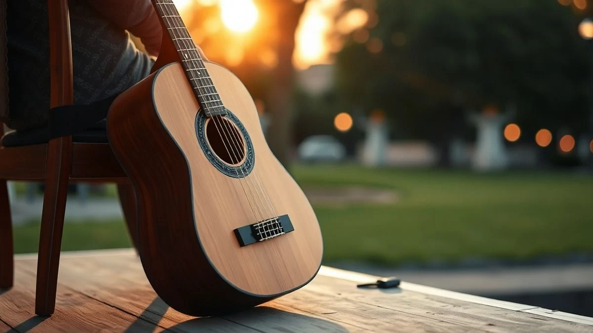 Imagen ilustrativa: una guitarra flamenca apoyada en una silla de madera en un escenario al aire libre al atardecer, con luces de fondo desenfocadas.