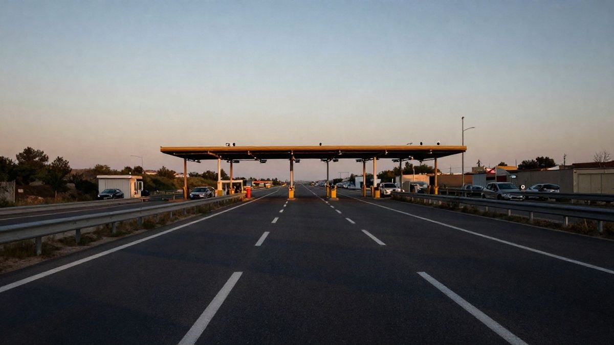 Imagen ilustrativa: gran angular de una carretera española al atardecer con líneas convergentes y una cámara de tráfico en un pórtico