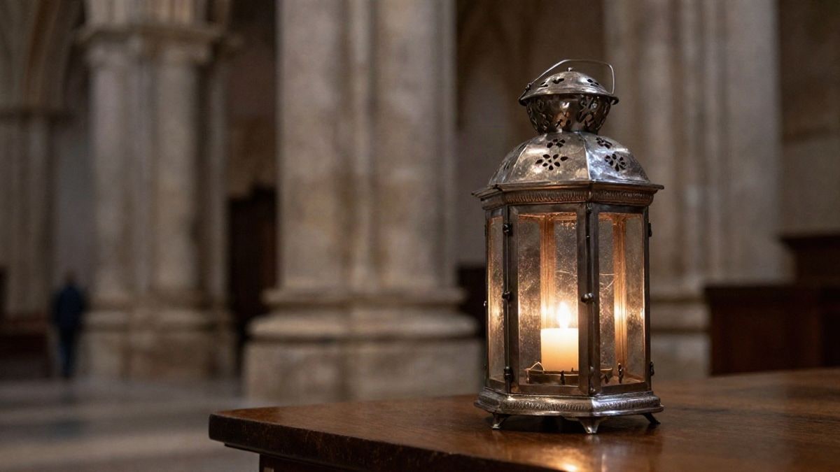 Imagen ilustrativa: un farol procesional de plata con vela encendida sobre una mesa de madera, con la Catedral de fondo desenfocada.