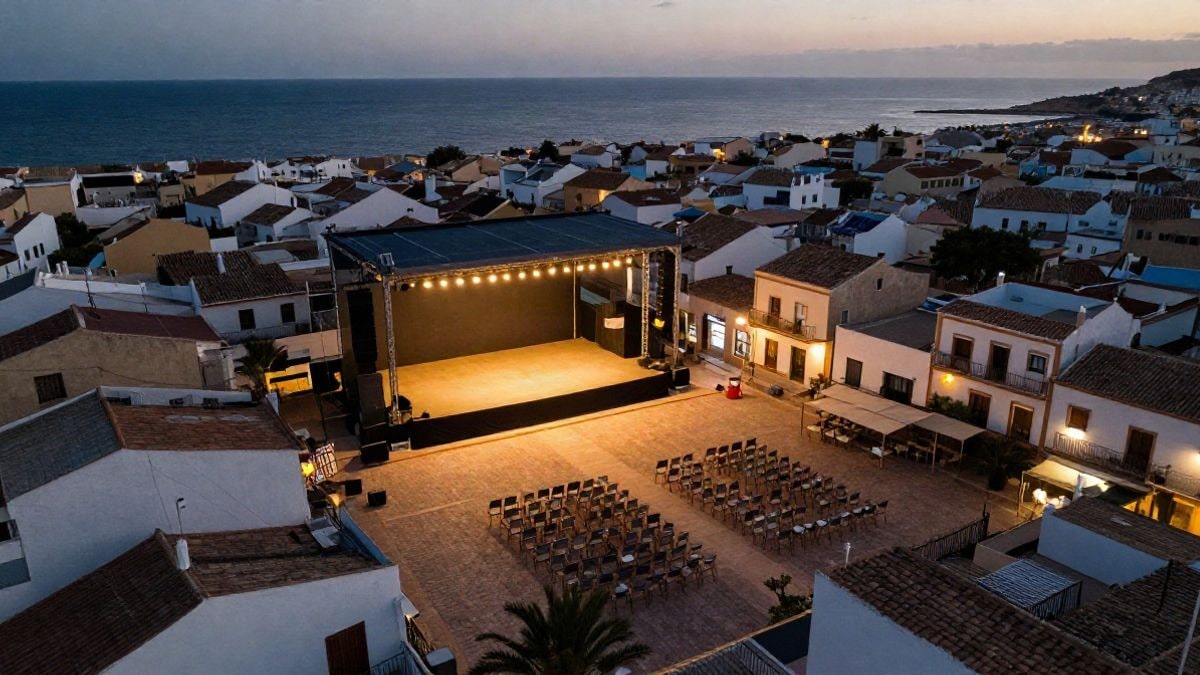 Imagen ilustrativa: vista cenital de una plaza costera mediterránea al atardecer con un escenario preparado para un evento