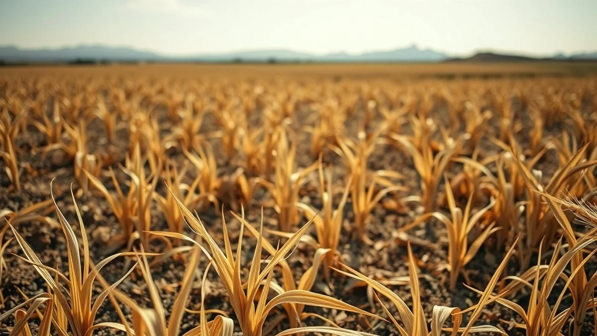 Campo de trigo seco y amarillento en la comarca de Antequera, con espigas raquíticas y un tractor aparcado al fondo