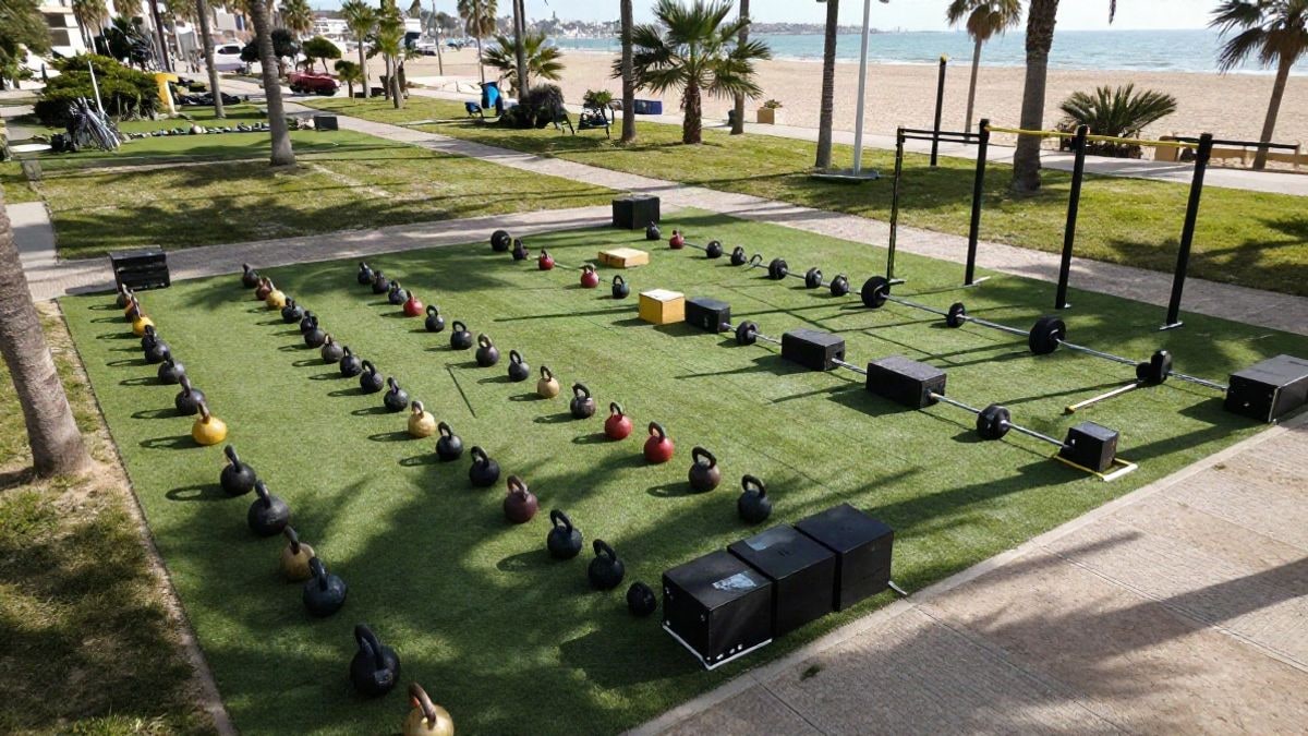 Imagen ilustrativa: vista cenital de una zona de competición de crossfit al aire libre con material deportivo