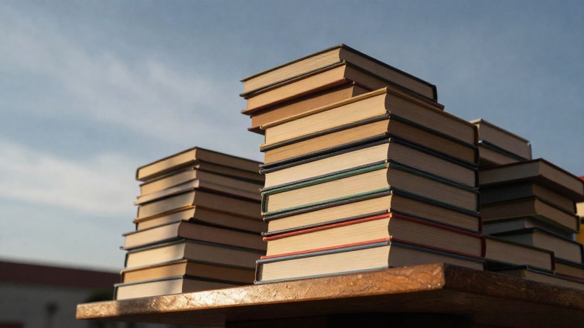 Imagen ilustrativa: pila de libros de colores sobre una mesa de madera con cielo despejado al fondo