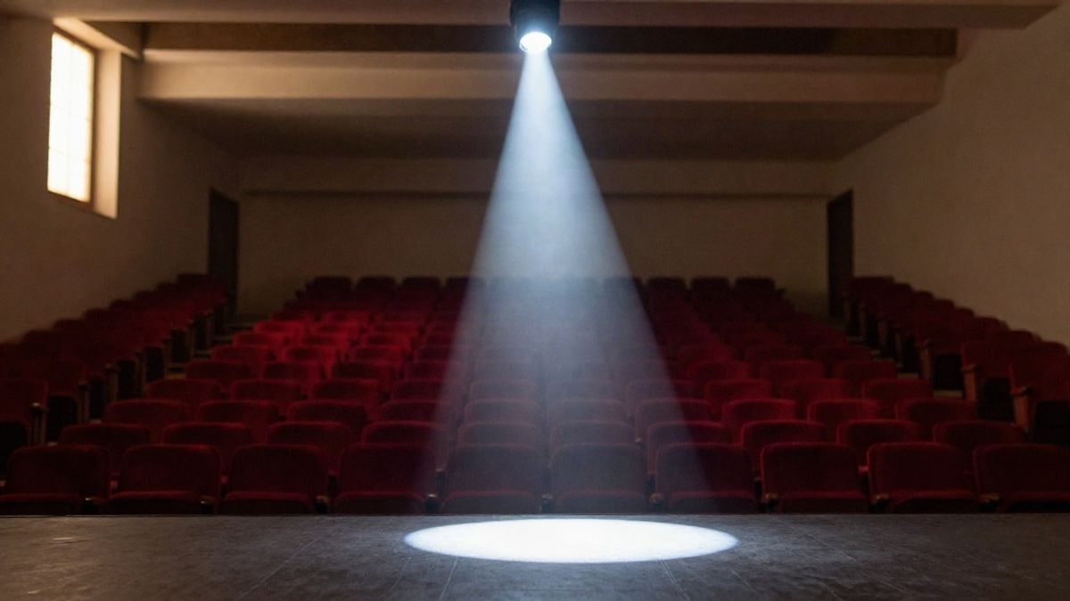 Imagen ilustrativa: escenario de teatro vacío iluminado por un foco desde un ángulo bajo