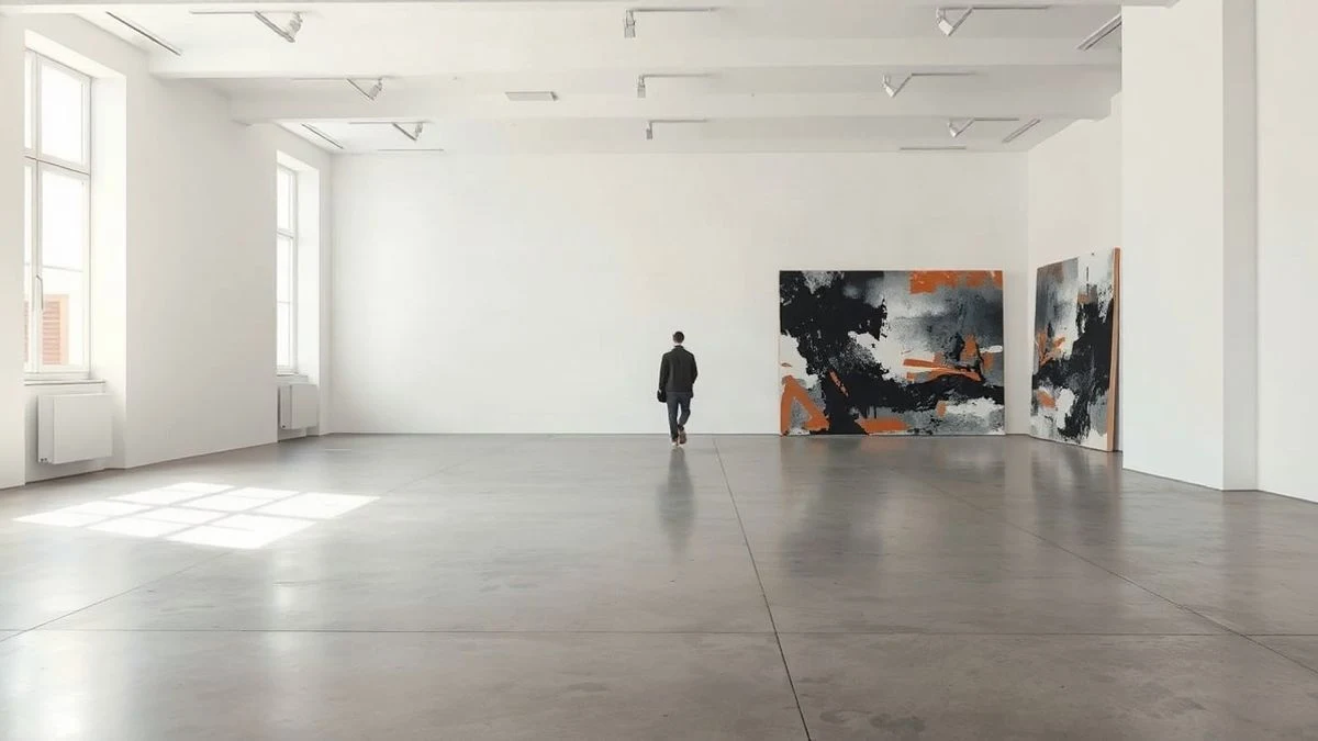Imagen ilustrativa: sala de exposiciones con cuadros abstractos en las paredes y una persona de espaldas contemplándolos.