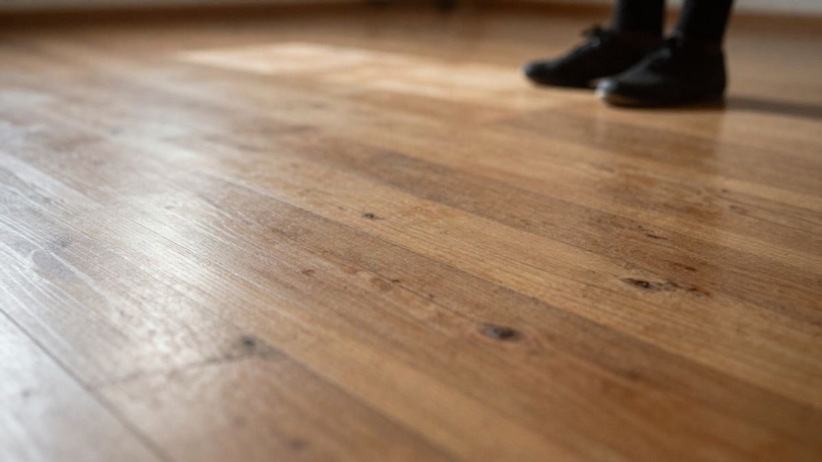 Imagen ilustrativa: detalle del suelo de madera de un aula de baile con luz cálida de tarde