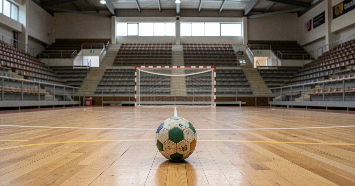 Balón de balonmano en una pista vacía con portería al fondo