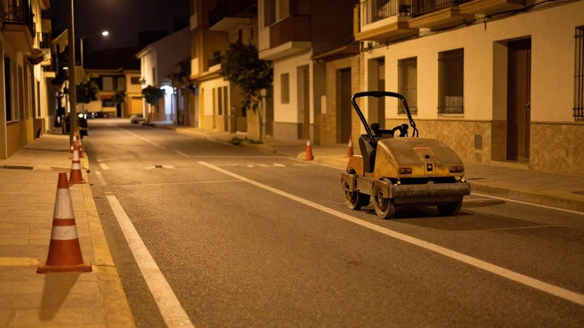 Imagen ilustrativa: una calle residencial española de noche con asfalto recién extendido y conos de obra bajo farolas