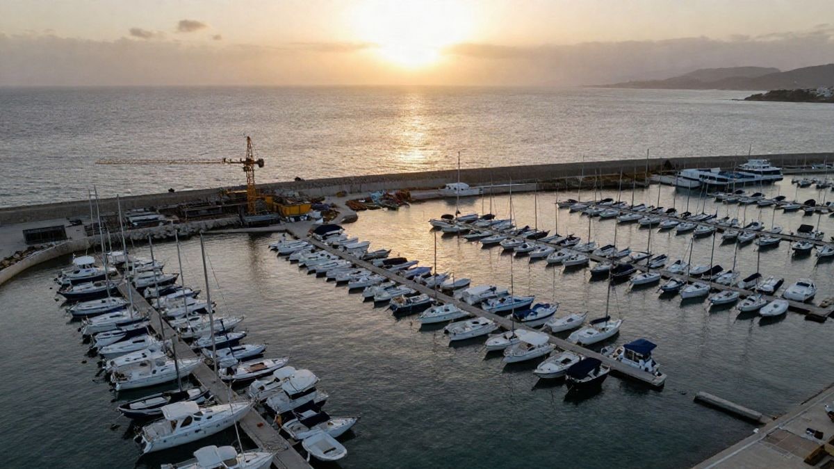 Imagen ilustrativa: vista aérea de un puerto deportivo mediterráneo con barcos y obras de ampliación al atardecer.