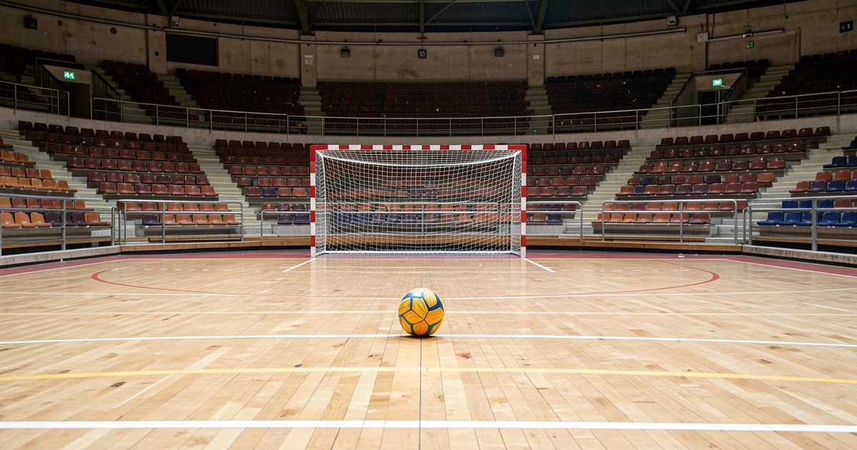 Pista de balonmano vacía con balón y portería