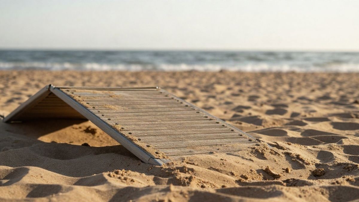 Imagen ilustrativa: primer plano de una rampa de acceso a la playa sobre la arena