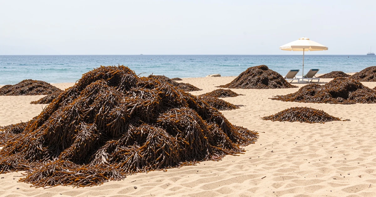 Piles of invasive Asian algae on a Marbella beach with a mechanical rake in the background