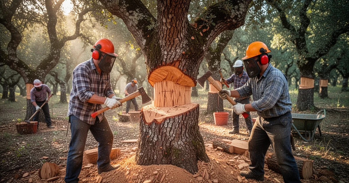Cork harvesting in a Spanish cork oak forest