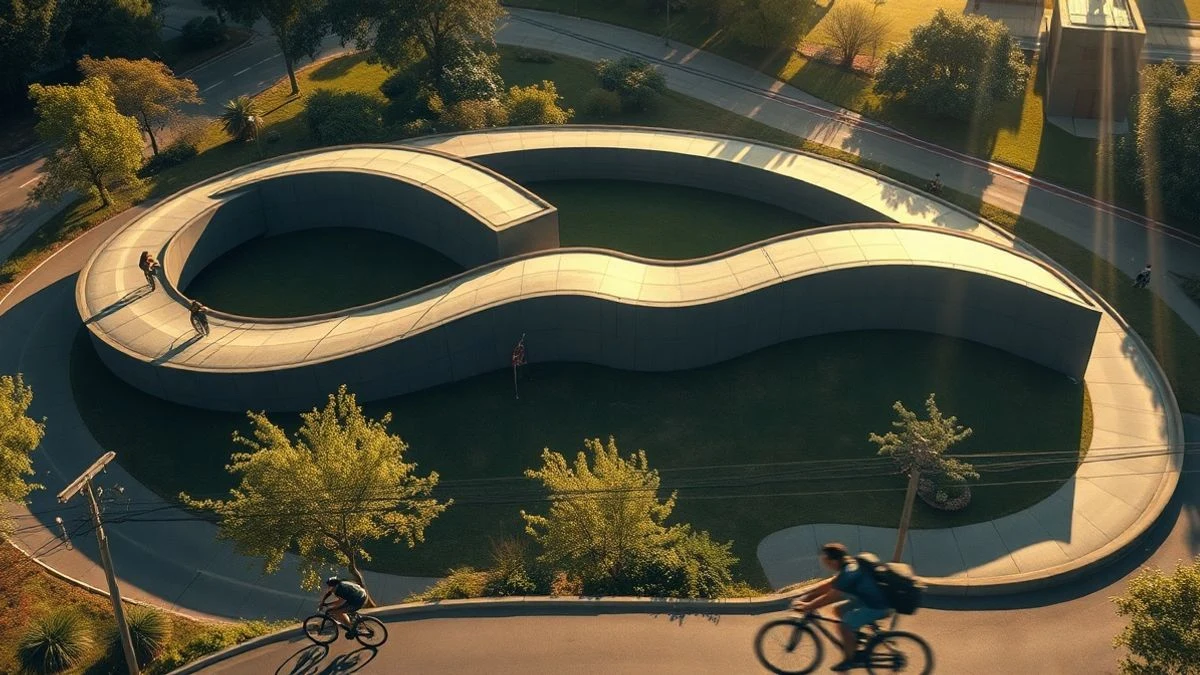 Illustrative image: aerial view of a pump track with curves and undulations in a wooded park, with sunset light and cyclists in the distance.