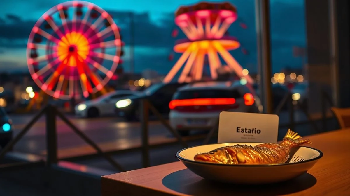 Imagen ilustrativa: una llave de hotel y un plato de pescaíto frito junto a una ventana con luces de feria al fondo