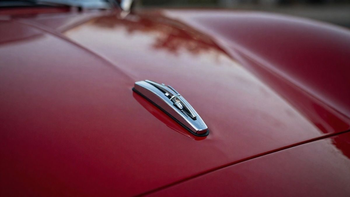 Illustrative image: close-up of the hood of a classic red sports car with metallic reflections