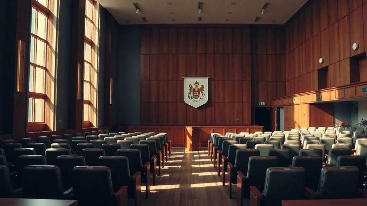 Empty plenary hall of Málaga City Council with natural light coming through the windows