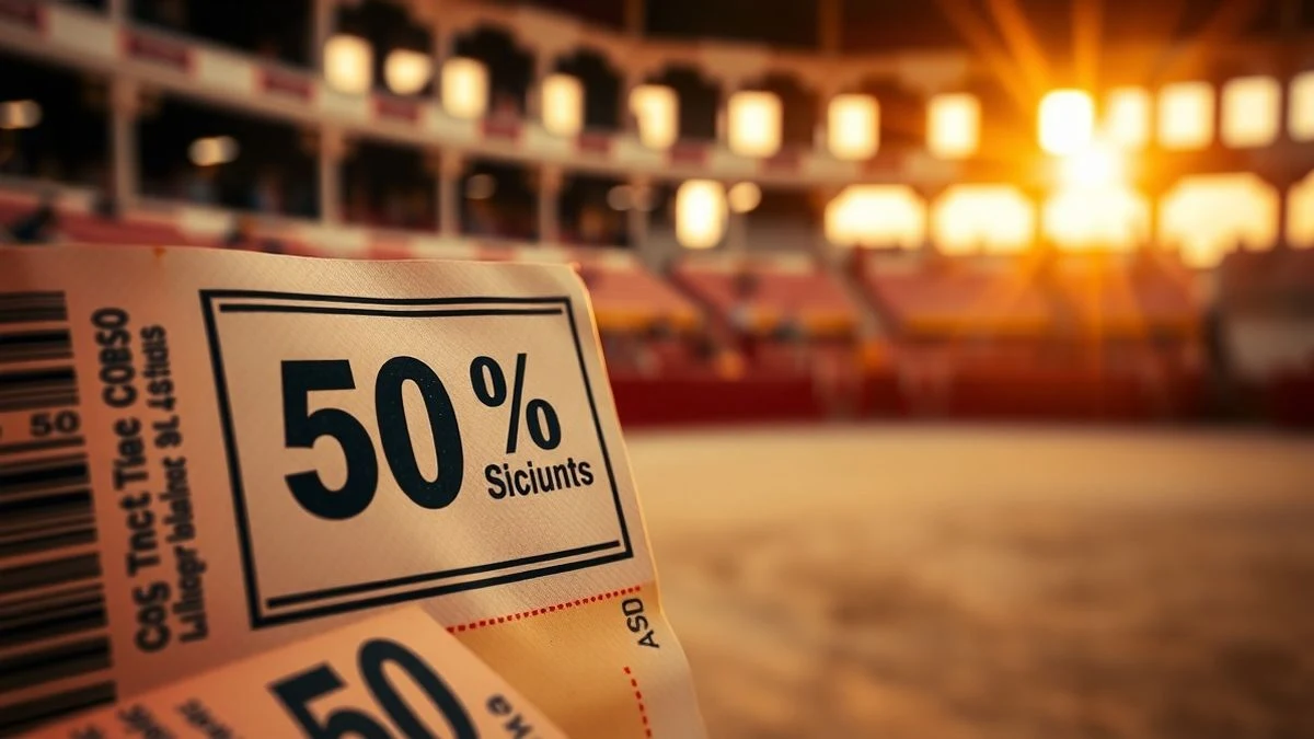 Imagen ilustrativa: primer plano de una entrada de toros con sello de descuento del 50% sobre fondo de ruedo y barrera de madera.