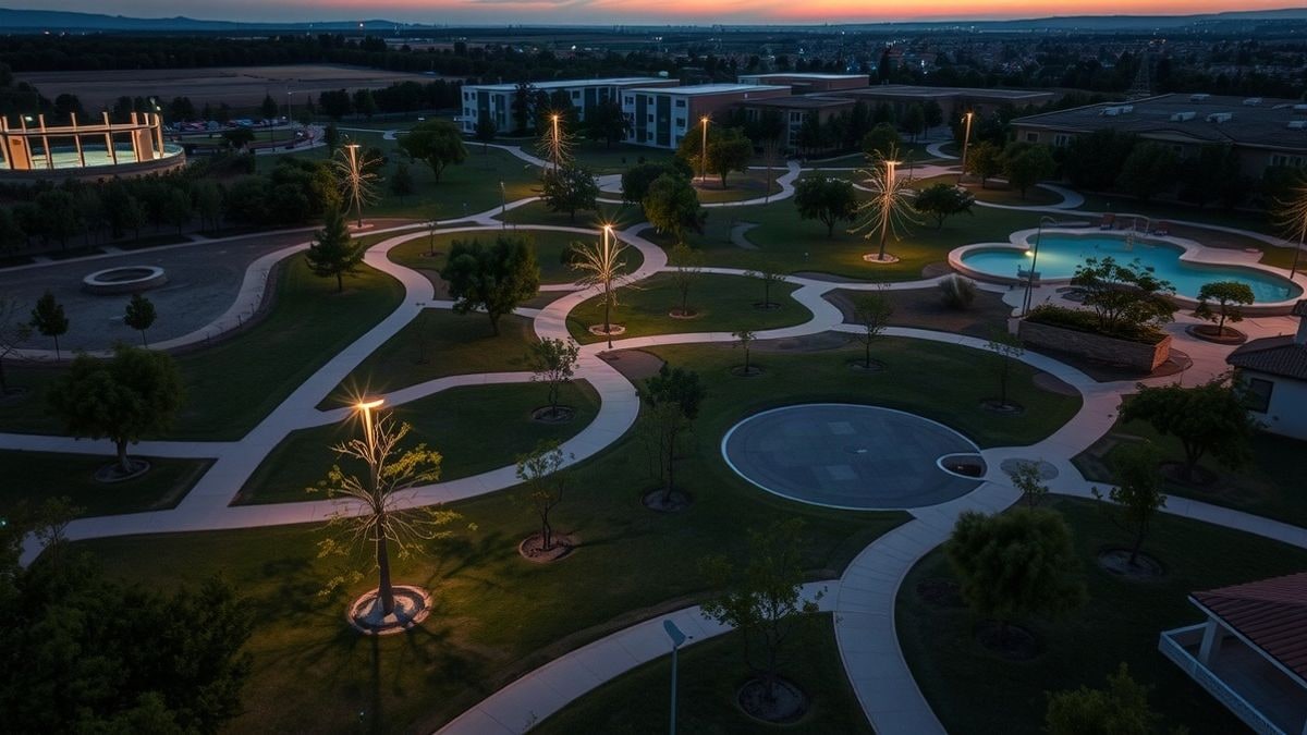 Illustrative image: aerial view of a newly landscaped urban park at sunset, with illuminated paths and play areas