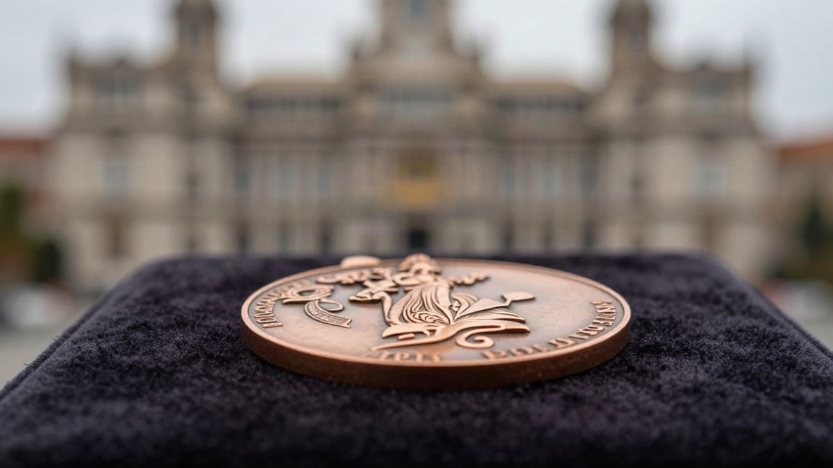 Illustrative image: close-up of a bronze medal on a velvet cushion
