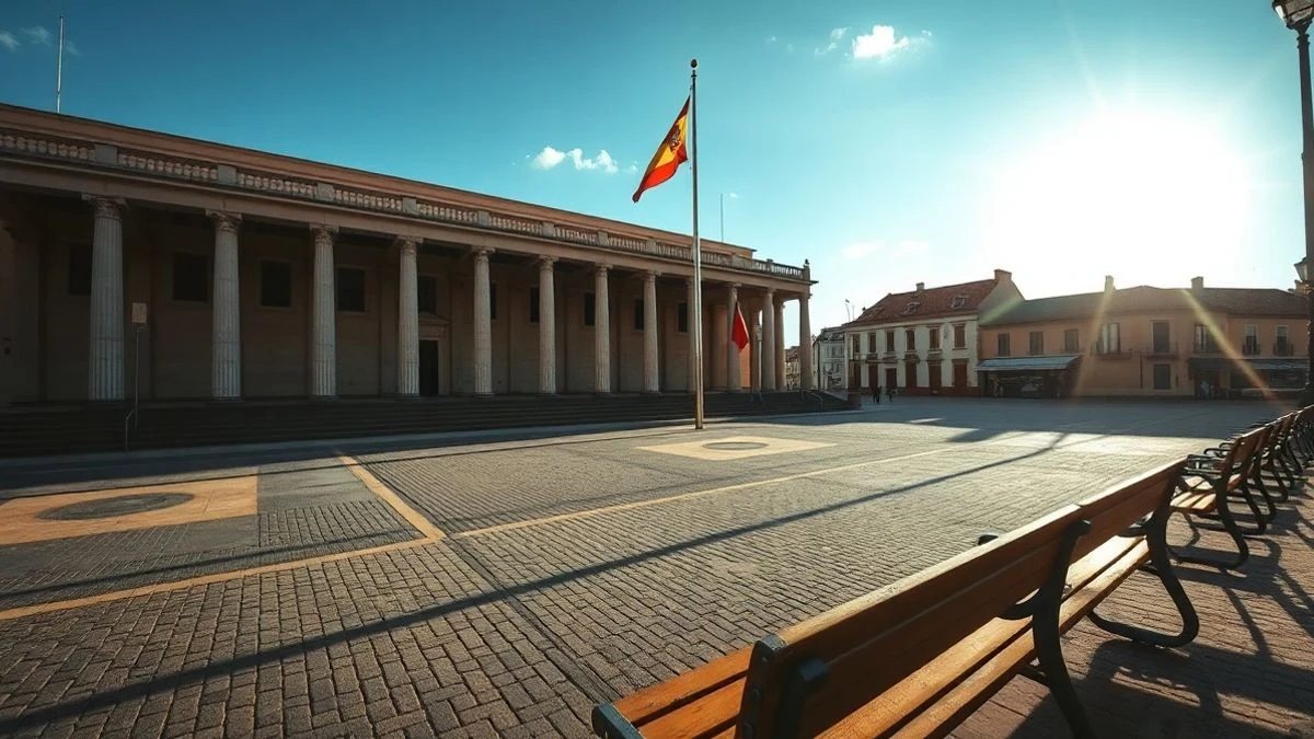 Illustrative image: square of an Andalusian municipality with flag at half-mast and town hall building in the background