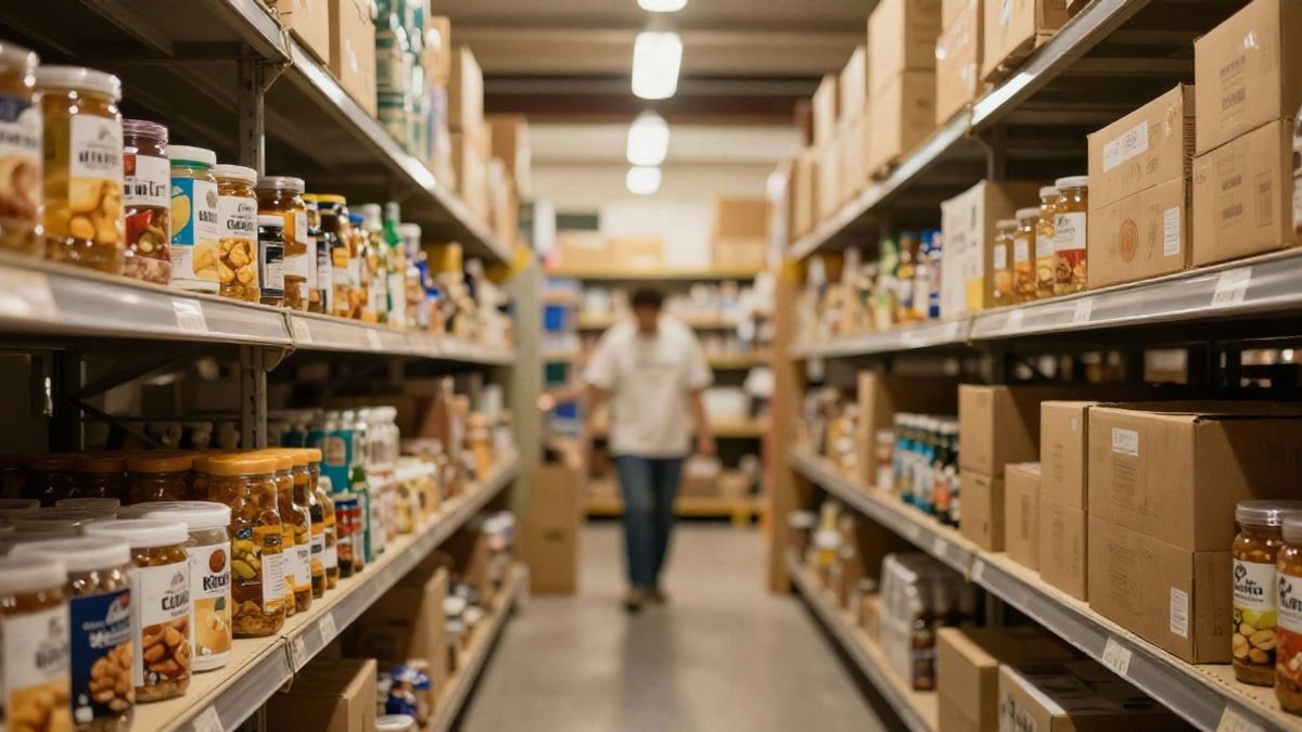 Imagen ilustrativa: almacén con cajas de alimentos no perecederos y un voluntario de espaldas